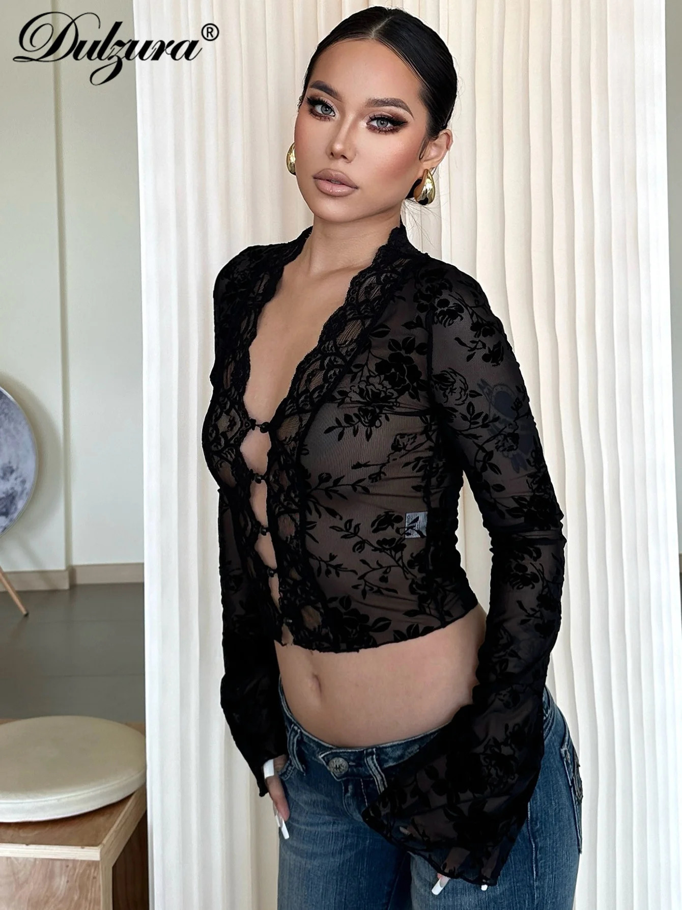 Dulzura Lace Patchwork Leopard Long Sleeve TShirt Sexy WomenS Autumn Winter Clubwear Birthday Evening Party Y2K Clothes 250514