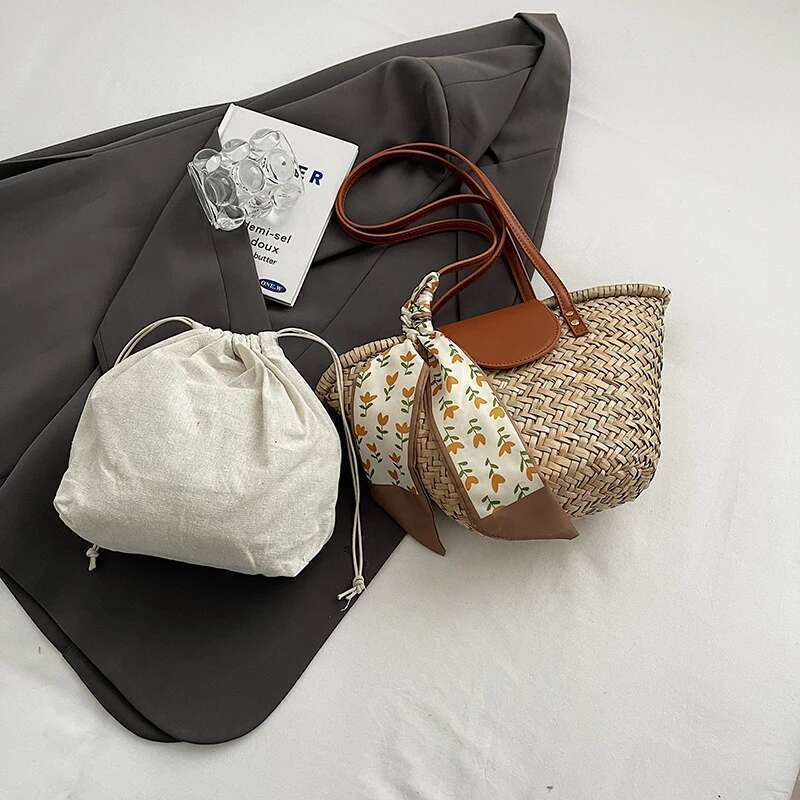 Designer Straw For Women Handmade Woven Handbag Rattan 2024 Summer Beach Shoulder Bag Female Basket Shopper Bags