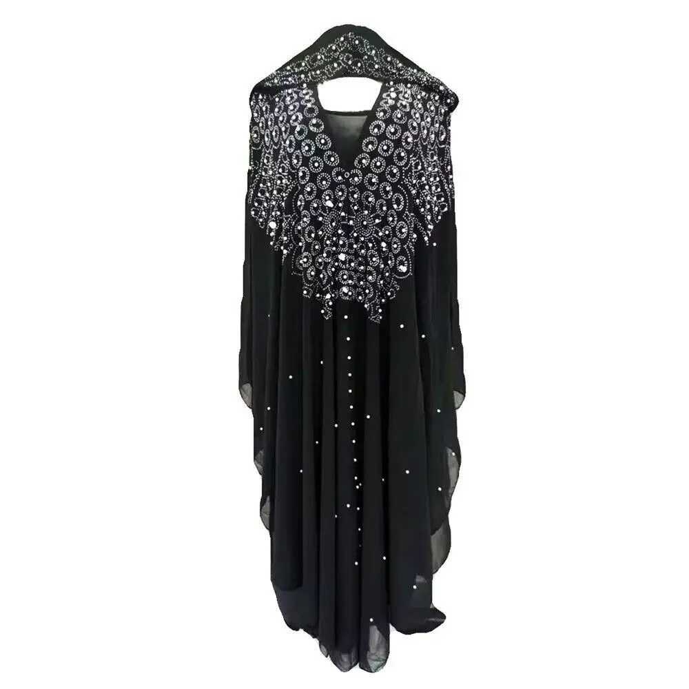 Fashion African Muslim Womens Bat Slves Loose Robe Evening Gown Kaftan Rhinestone Beaded Hooded Chiffon Maxi Dress X250514