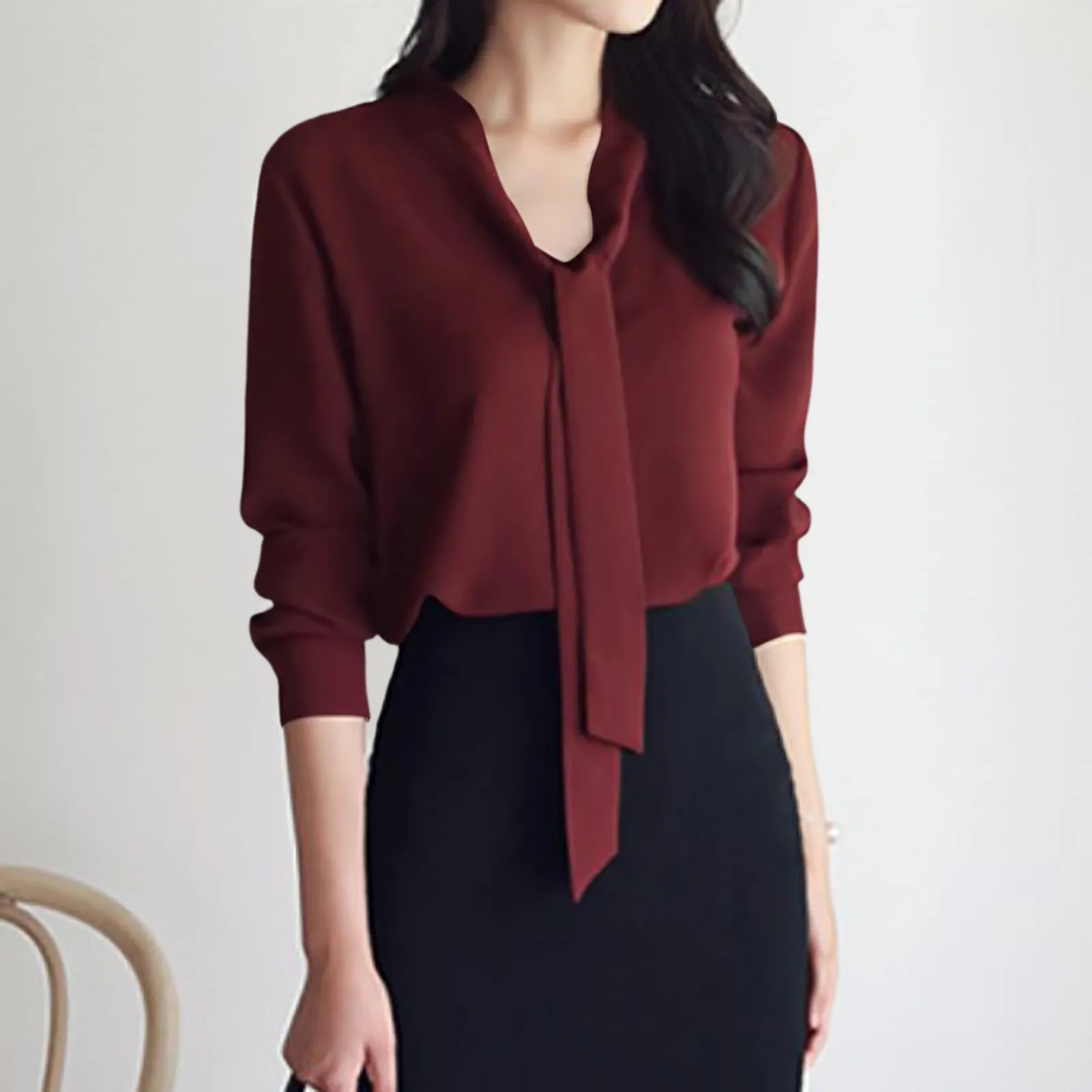 Female Elegant Shirt Womens Solid Color Long Sleeve Business Bow Ribbon Blouse Women Slimming Senior Sense Tunic Tops for Work 250513