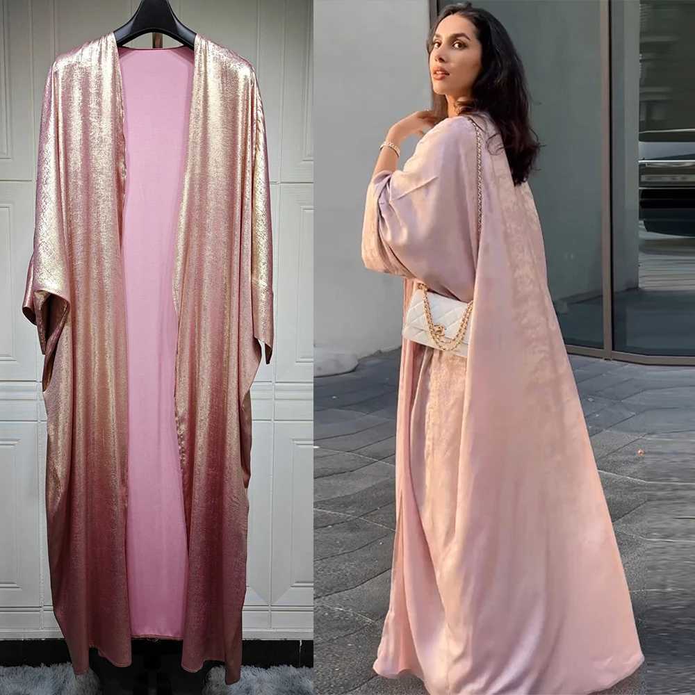 Ramadan Eid Shiny Batwing Satin Open Kimono Abaya Dubai Luxury Muslim Abayas For Women Kaftan Dress Islamic Clothing Femme Robes X250514