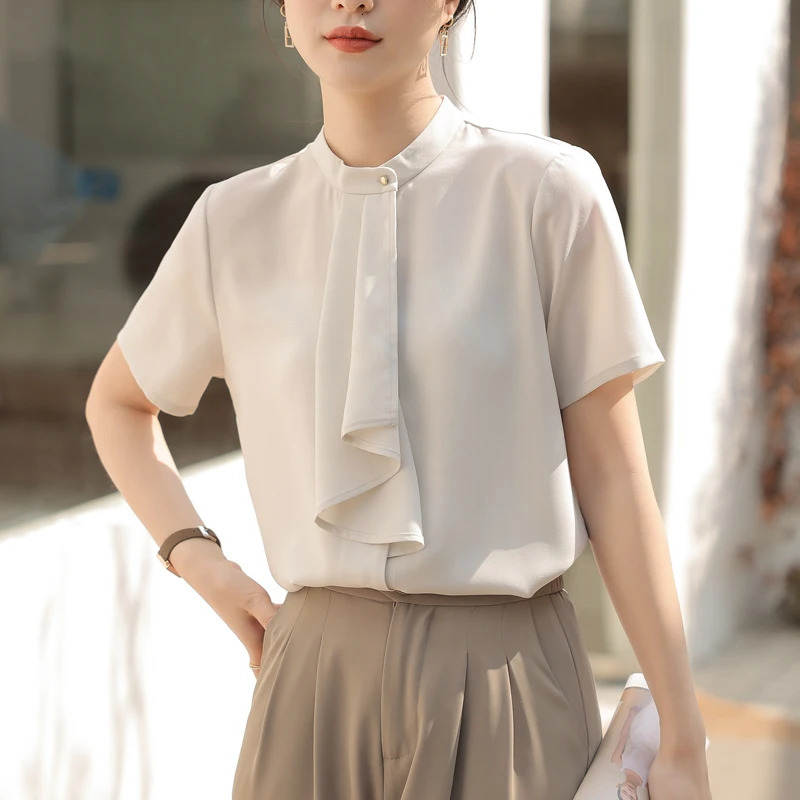 Elegant Spring Summer Ribbon Collar Womens Blouses Short Sleeve Oneck Casual Loose Office Lady Shirts for 250514