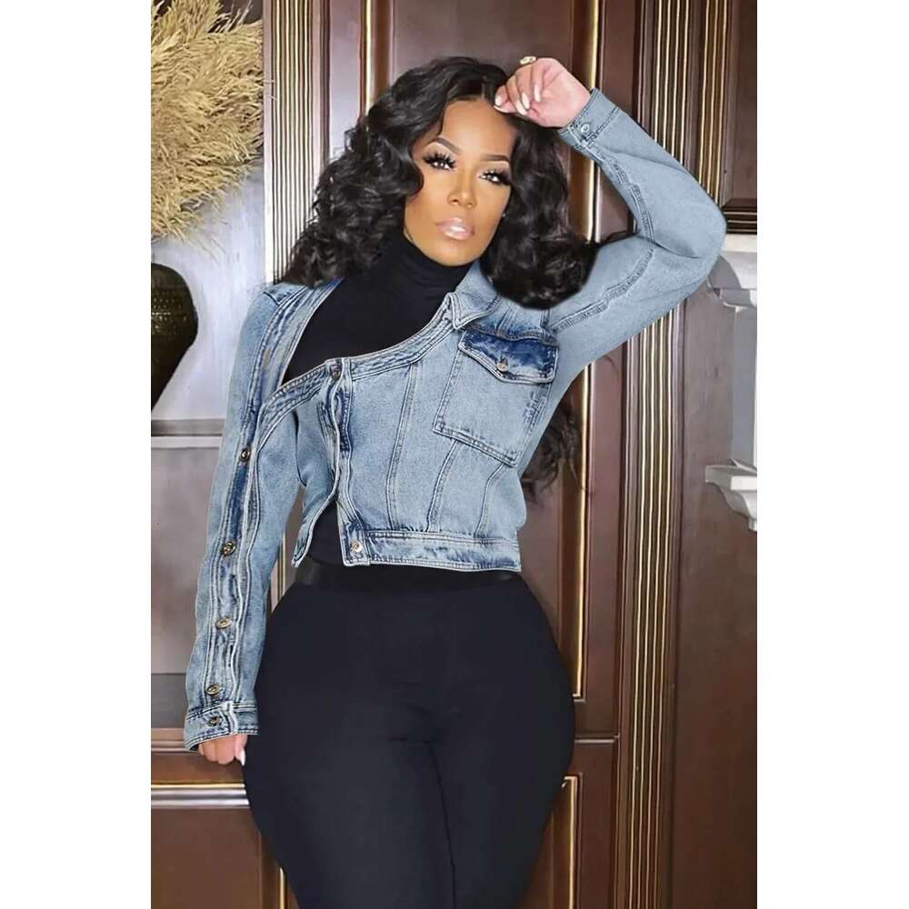 Plus Size Blue Formal Casual Short Streetwear Stand-Up Collar One Shoulder Long Sleeve Button Denim Jacket Fall Winter