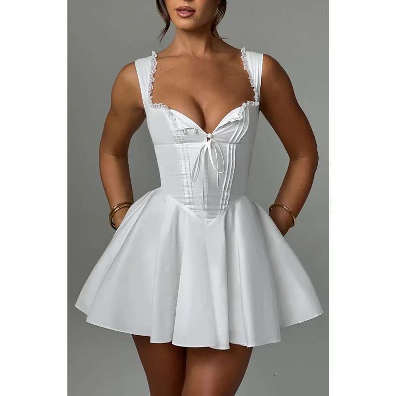 Lamuusaa Corset Women Sexy Clothes Solid Color Square Collar Sleeveless Ruffle Hem A Line Mini Dress Club Party Dresses