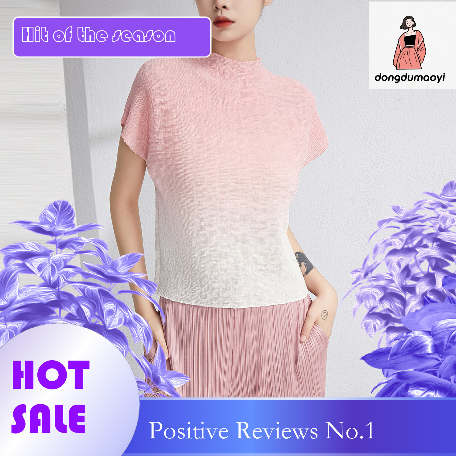 dongdumaoyi Large size loose chiffon top for women 2024 summer three house style pleated gradient color semi high neck short sleeved T-shirt