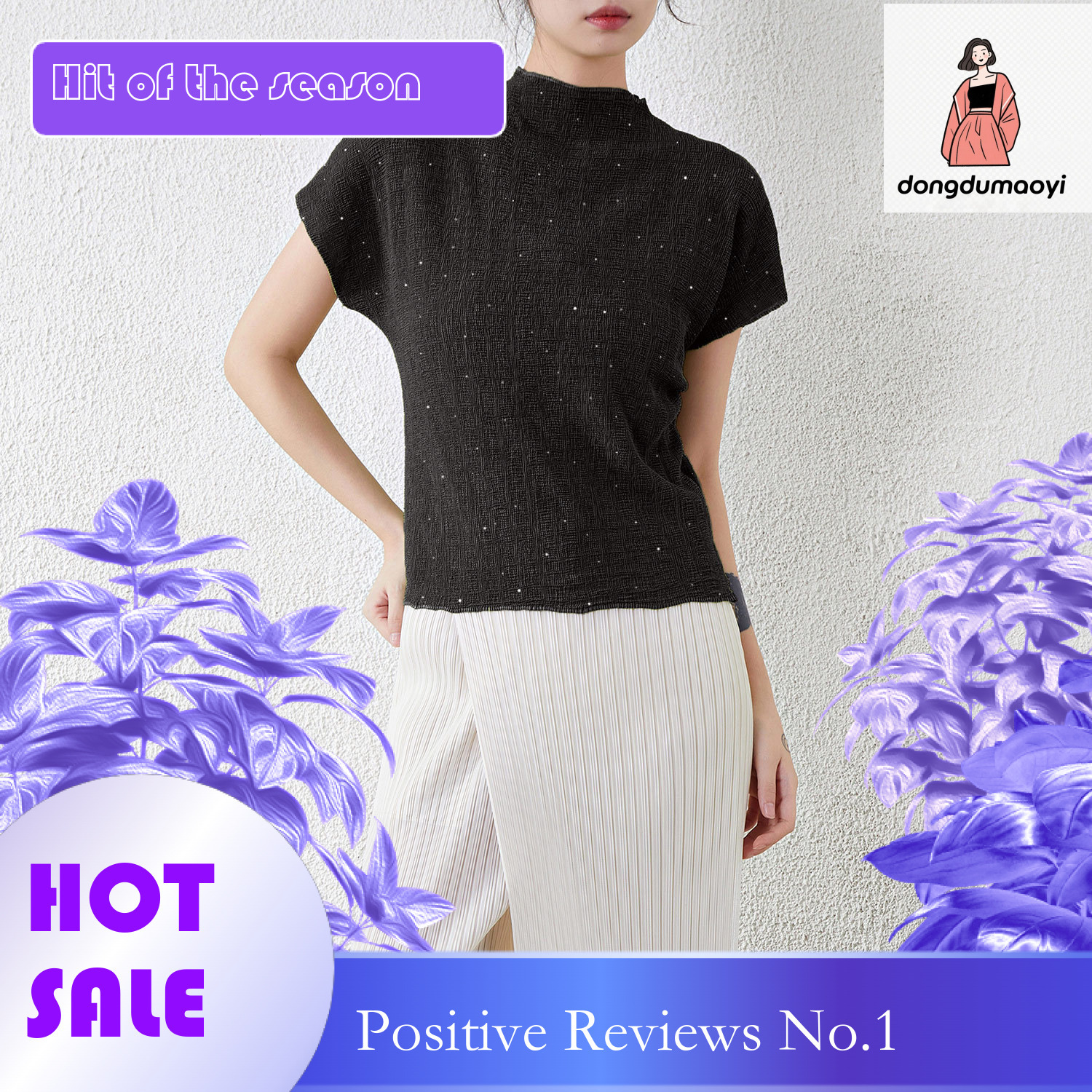 dongdumaoyi Starry fashion temperament, heavy industry hot stamping top, women's summer new versatile short sleeved half neck pleated T-shirt