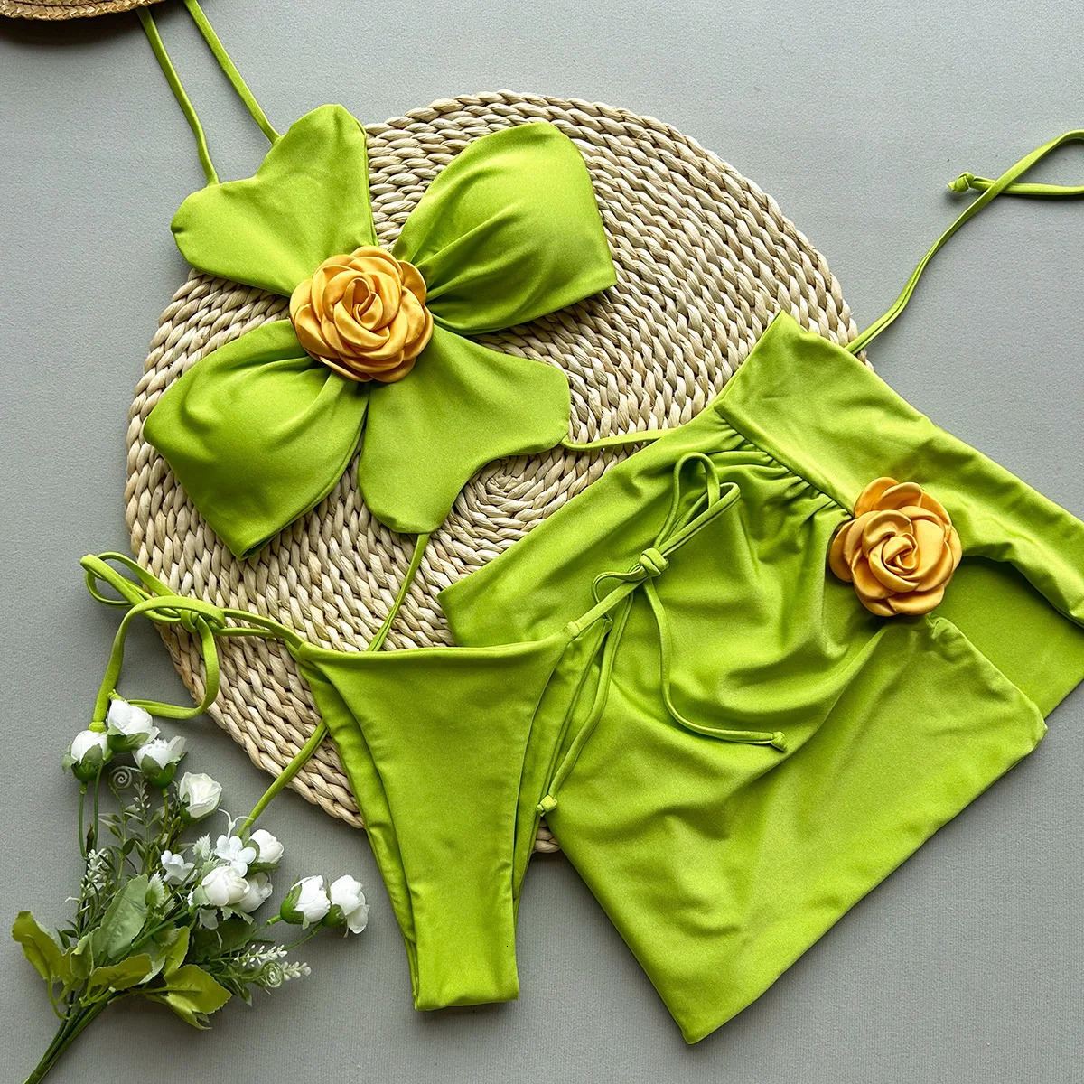 Summer Beach 3 Pieces Skirt Suit Women 3D Flower Halter Crop Top Mini Set Vacation Sleeveless Chic Slit Outfits 250514