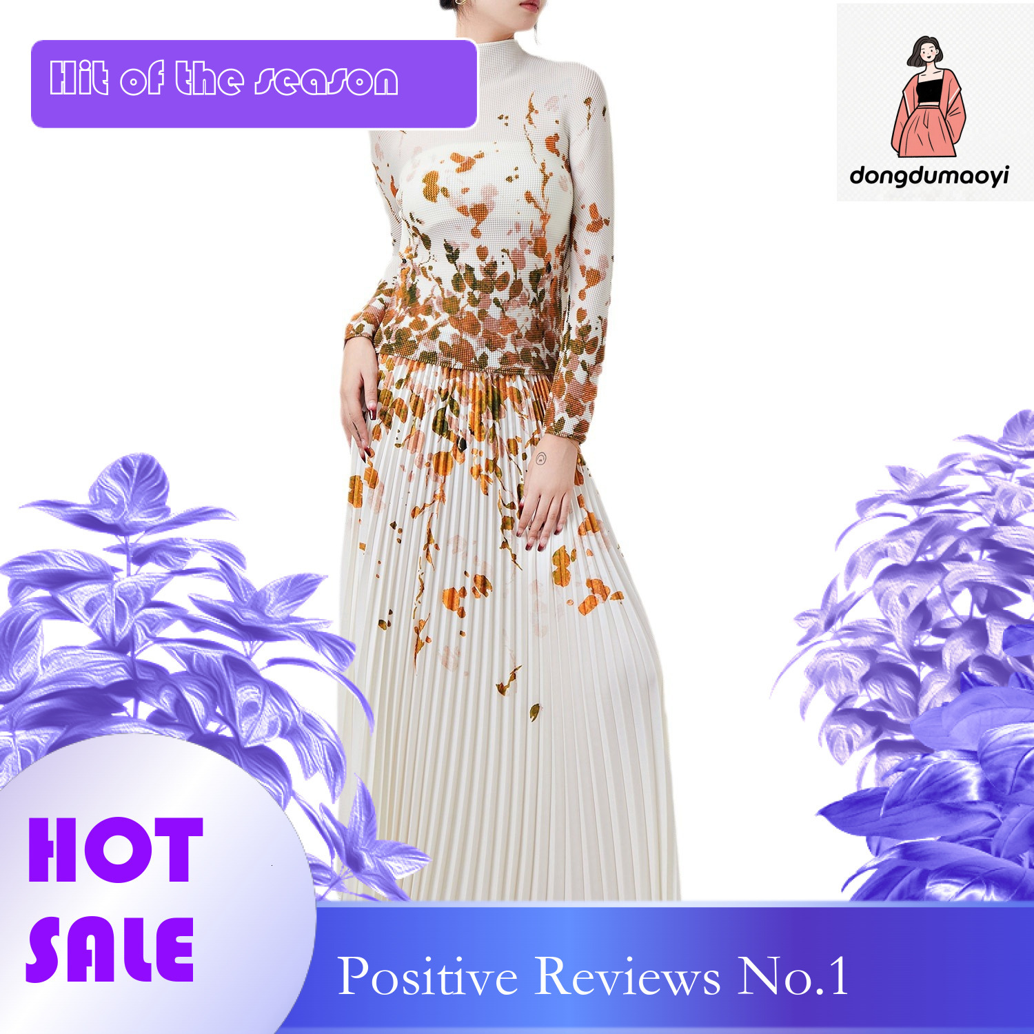 dongdumaoyi Printed autumn new three bedroom top pleated slim fit long sleeved t-shirt women's two-piece set