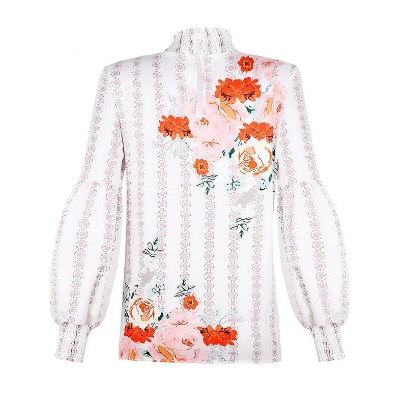 Printed Woman Shirt Sweet Blouse Spring Autumn Fashion Lantern Sleeve Top 250514