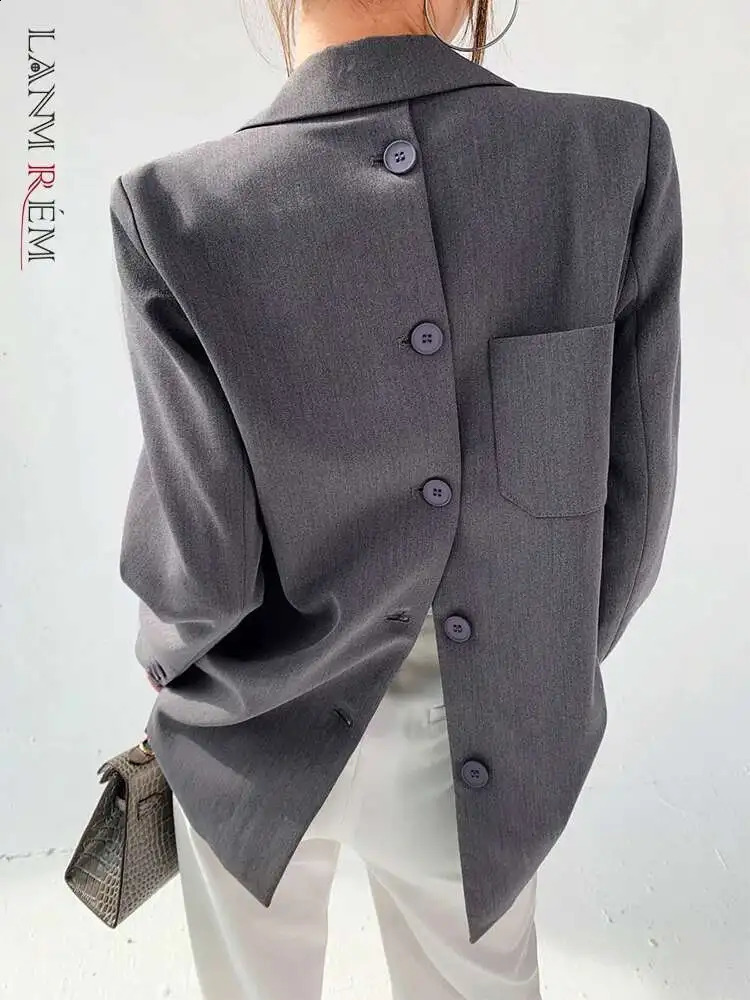 LANMREM Back Button Blazer For Women Gray Notched Long Sleeve Fashion Female Coat 2025 Spring Clothing 250513