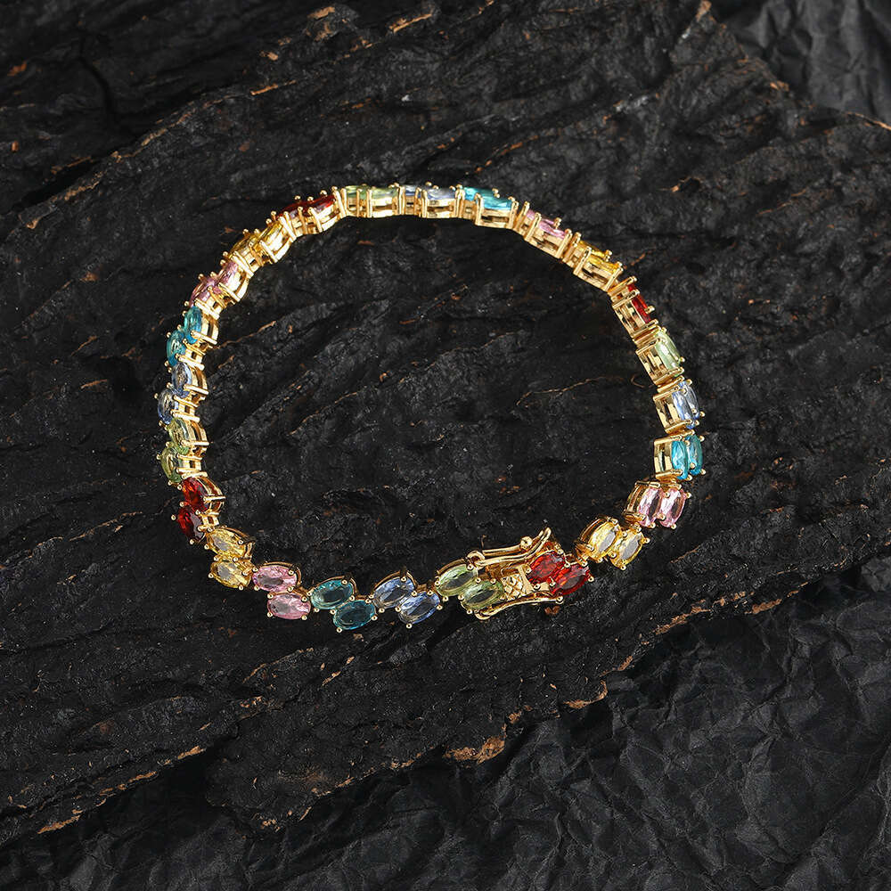 Hip Hop Jewelry Colorful Oval Bracelet Egg Double Rowed Copper Set Zircon Tennis Chain for Women's Folding Wear