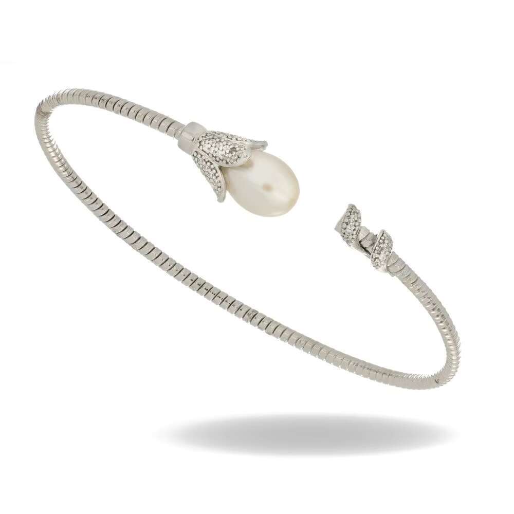Made in Italy Sier Bracelet Pearl Flower Design Microsetting Cz Adjustable Lightweight Jewelry