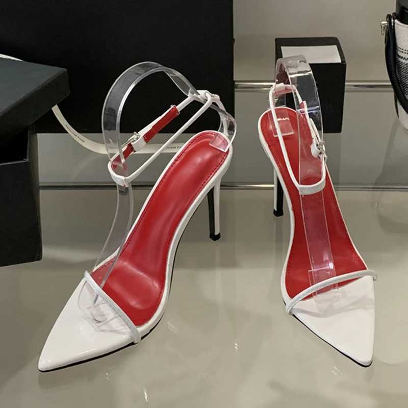 Likes 2025 Summer Fashion White Patent Leather Ankle Strap Sandals Women Sexy Pointed Open Toe Stripper Heels Wedding Prom Shoes W250514
