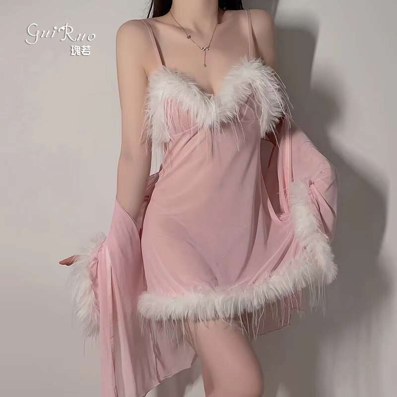 Sexy Mesh Home Clothes Plush Patchwork See-Through Seductive Suspender Nightdress Women's Pure Lustful Pamas Set