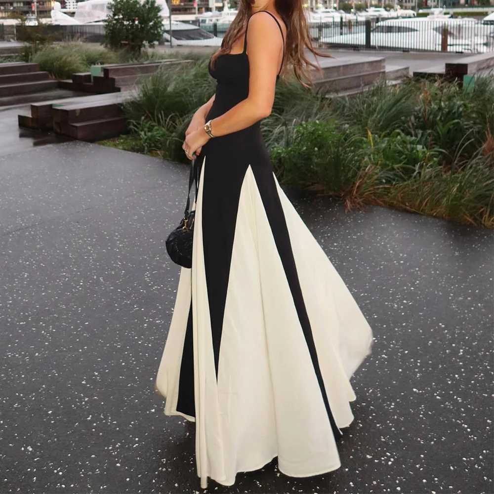 Talenza Elegant Contrast Color Backless Long Dress Womens Color Block Spaghetti Strap Dress V-Neck High Waist Evening DressXJ250514