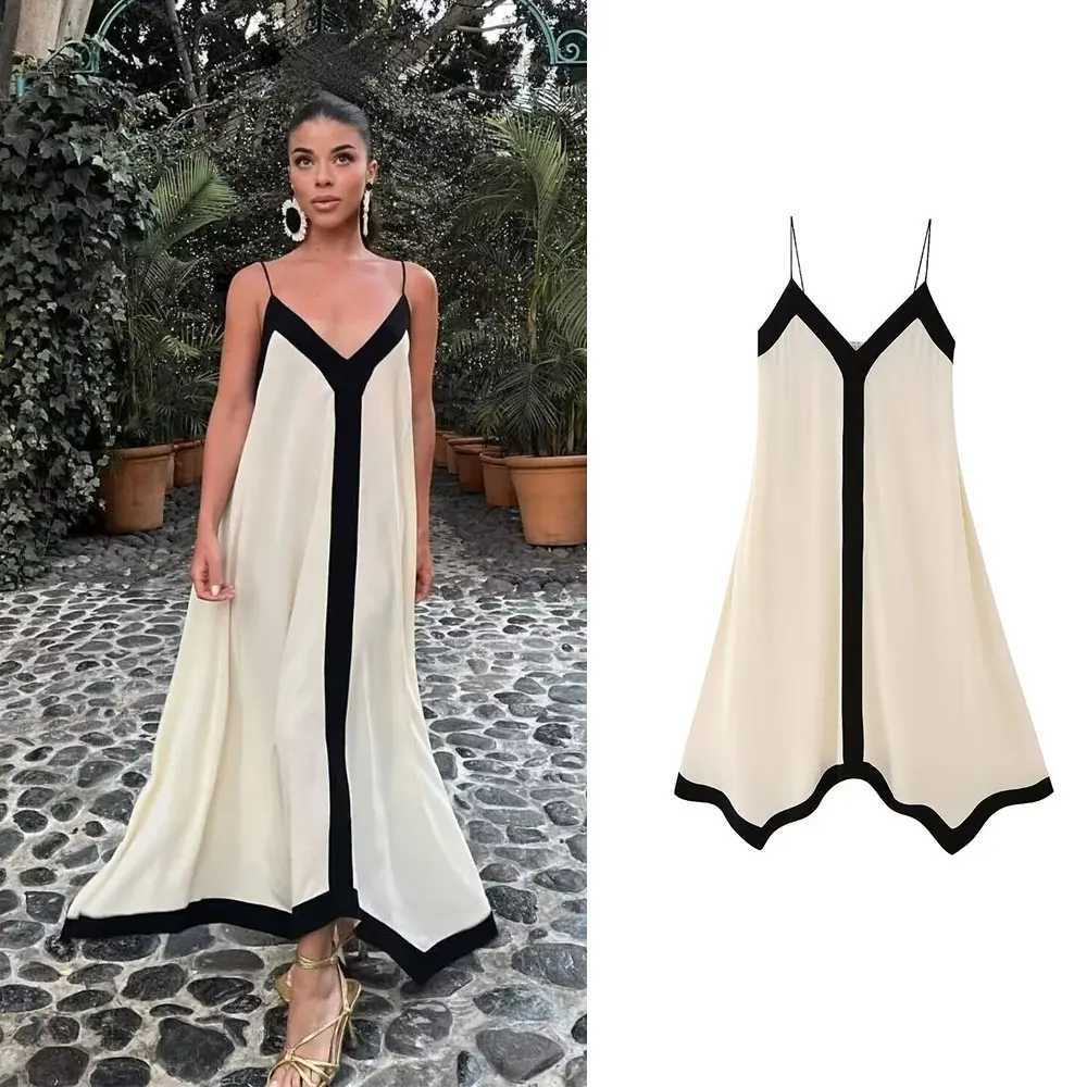 DUOPERI Womens Fashion Patchwork Loose Midi Camisole Dress V-Neck Backless Thin Straps Female Chic Lady Casual Long DressXJ250514