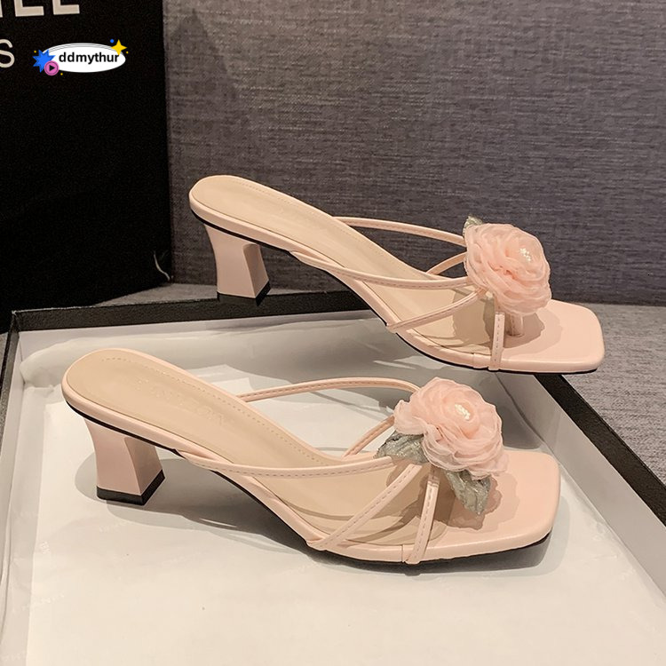 2025 Summer New Fairy Style Flower Coarse Heel Slippers for Women's Outerwear, Open toed One line Drag Fashion High Heels ddmythur