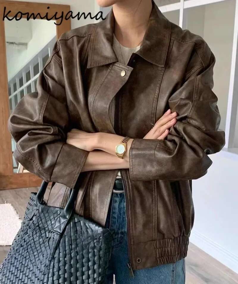 Korean Chic Motorcycle Outerwears Pu Leather Chaquetas Mujer Women 2025 Jacket Loose Laple Neck Ropa Long Sleeve Casaco