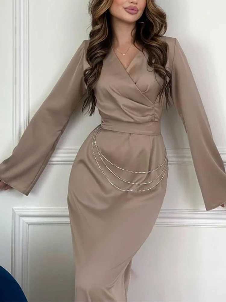 Eid women Party Dress for woman Jalabiya Satin Chains Ramadan Long Dresses Abayas Woman V Neck Robe Caftan Vestidos Largo 2024 X250514