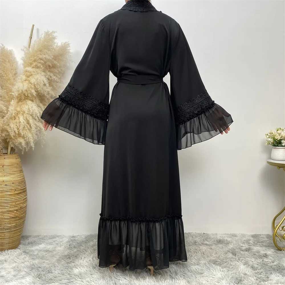 Fashion Lace Stitching Muslim Abaya Dubai Full Length Flare Slve Lace Abaya Dubai Turkey Muslim Islam Robe With Belt WY1391 X250514