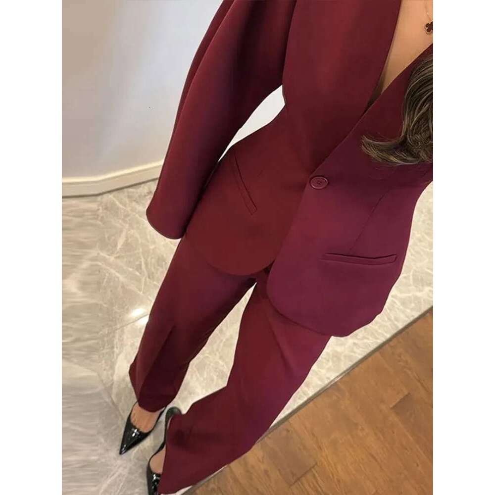 Elegant Blazer Trouser Women Two Piece Set Long Sleeve One Button Coat High Waist Wide Leg Pant Suit 2025 Spring Lady Streetwear