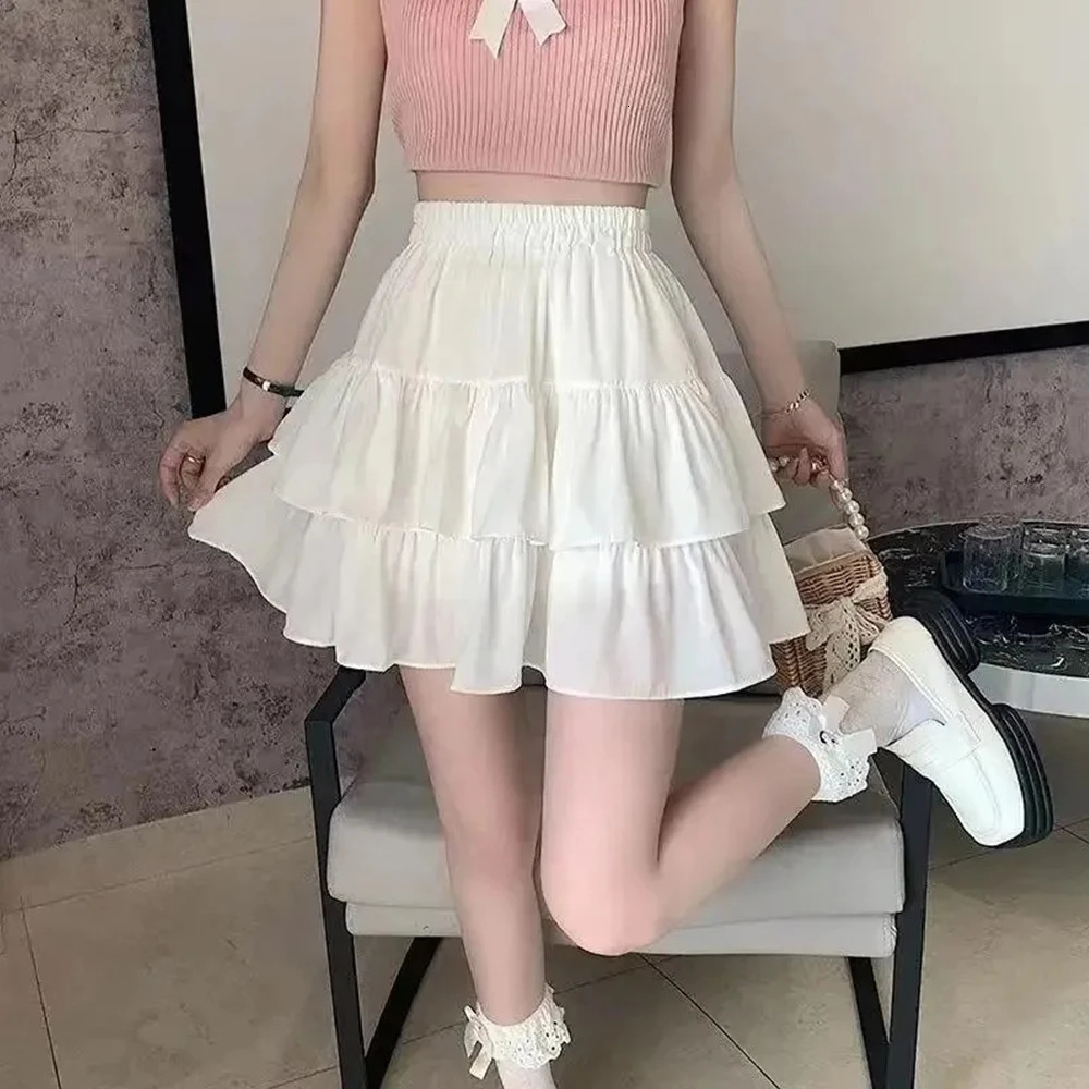 Pleated Aline Skirt White Women Ruffles Sweet tie Preppy Style Elastic Waist Slim Thin SimpleCasual Summer Wholesale 250514