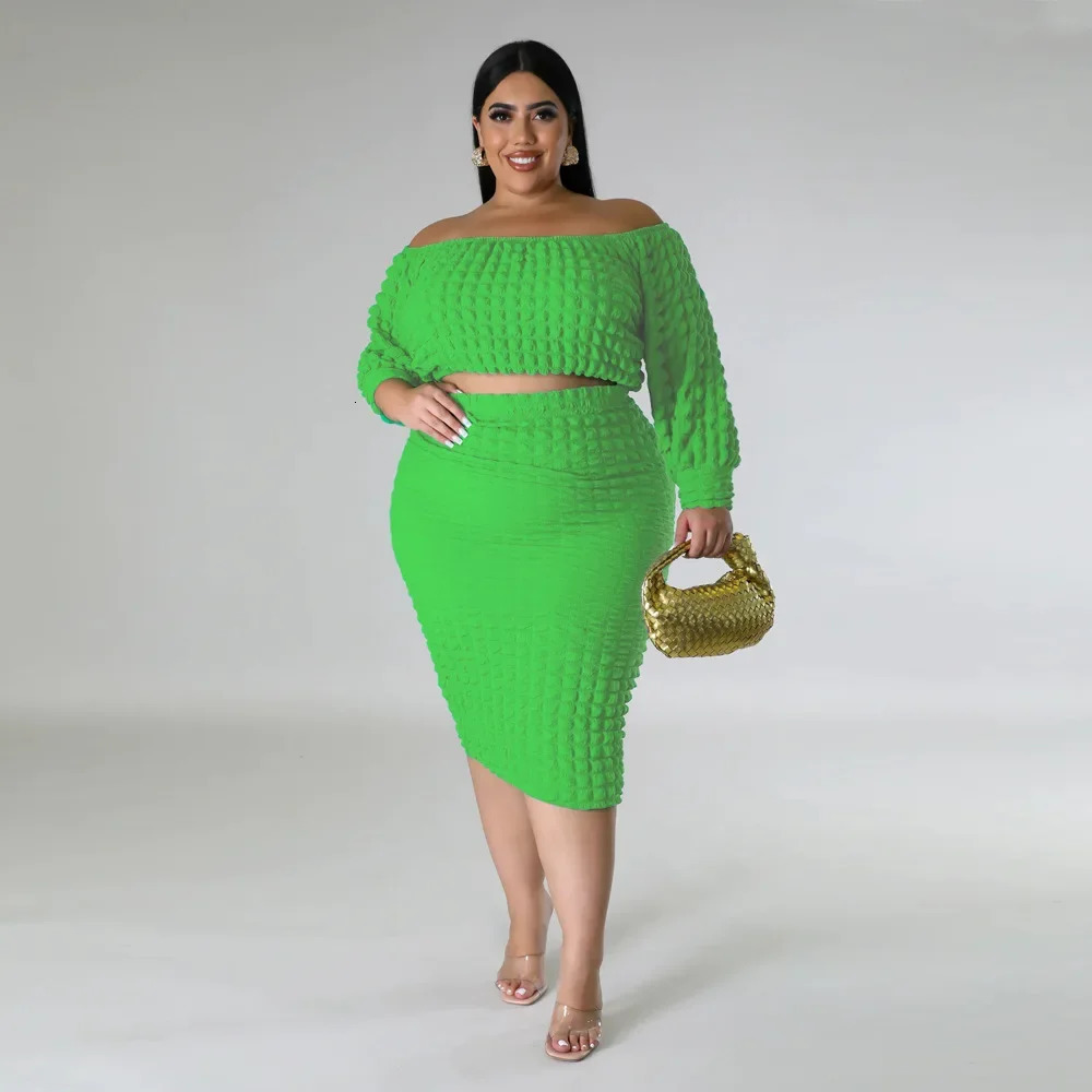 Plus Size 2023 European Womens Cross border Autumn Collection Solid Color Bubble 2piece Set 250506