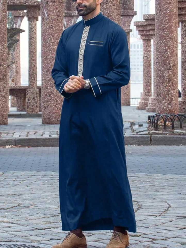 Long sleeve embroidered stand collar thobe Muslim Arab mens robe X250514