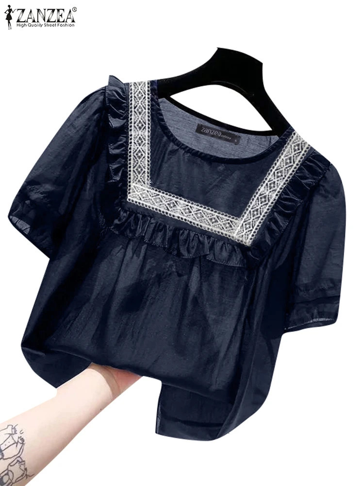 ZANZEA Women Korean Fashion Lace Patchwork Blouses Casual O Neck Spliced Ruffles Blusas Mujer Elegant Short Puff Sleeve Tops 250514
