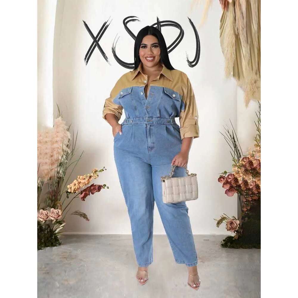 Casual Elegant Womens Jumpsuits with Jeans Autumn Winter Long Sleeve One Piece Outifts Cotton and Denim Jumpsuit Plus Size Lady