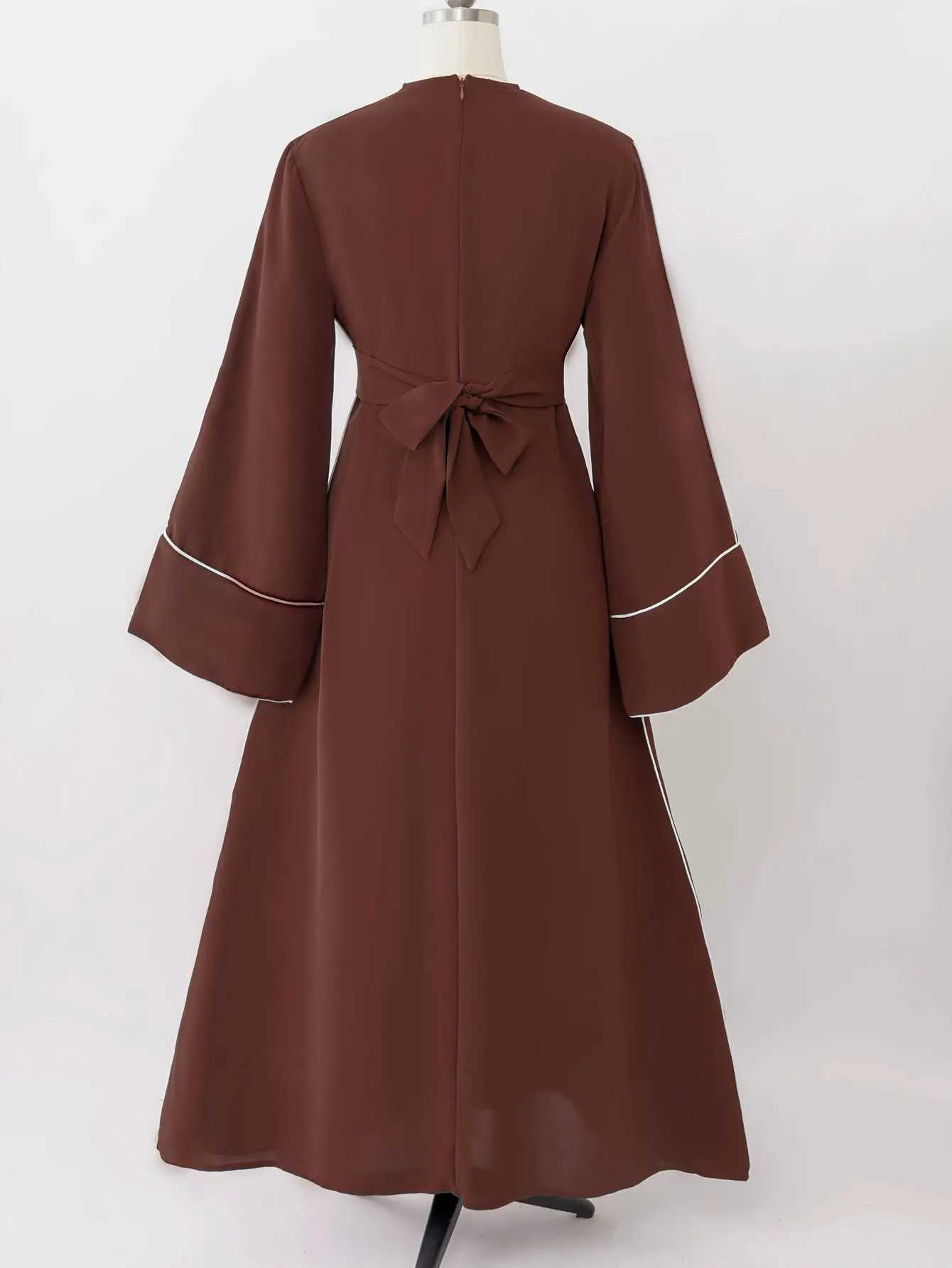 Islamic Brown Muslim Abaya Belted Waist Cuff Design Ideal for Ramadan Celebrations in UAE Dubai and Middle East Daily Modest X250514