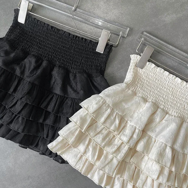 Streetwear Ruffles Mini Skirts Women Sweet Kawaii High Waist Lace A Line Skirt Summer Korean Fashion Black Ball Gown 250514