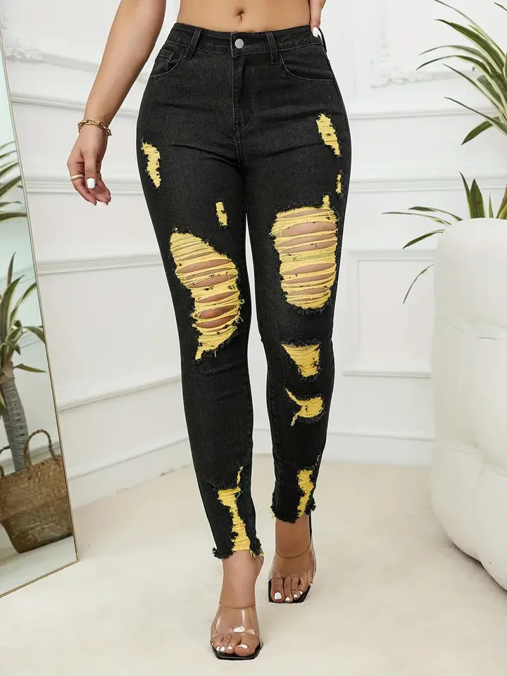 Summer Womens Ripped Jeans Fashionable High Stretch Skinny Denim Pencil Pants Slim Comfortable Knit Jeans S-2XL 250513