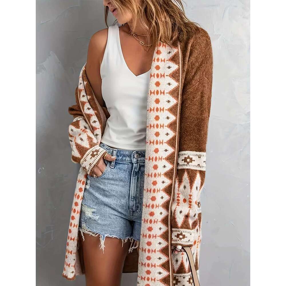 Sweater for Women, Boho Geometric Print Cardigan Sweater, Loose Mid-Length Knitted Jacket