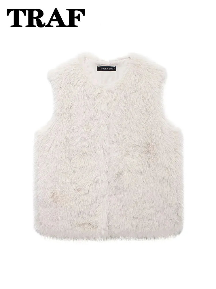 TRAF faux fur cut womens vest loose and comfortable sleeveless jacket soft textured top of the line streetwear for women 250506