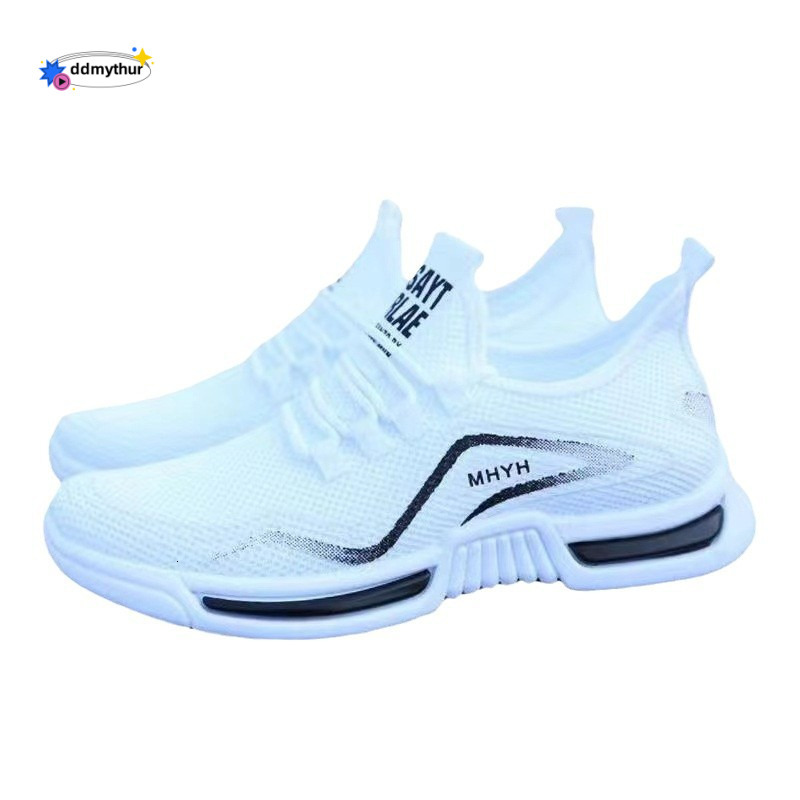 Men's summer new sports anti slip casual running shoes, fly woven breathable and comfortable white shoes ddmythur