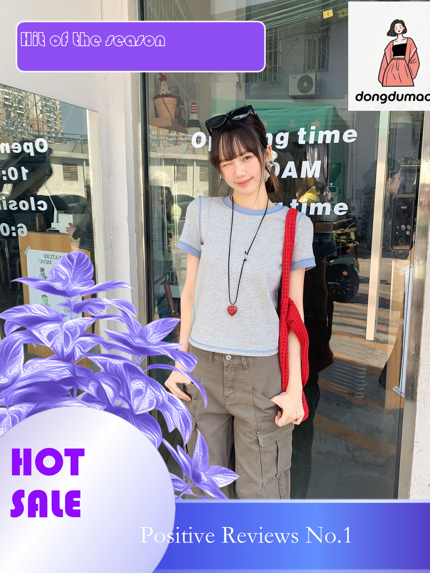 dongdumaoyi Spring and summer new collar color blocked T-shirt for women, high elasticity slim fit round neck short sleeved striped knitted sweater to