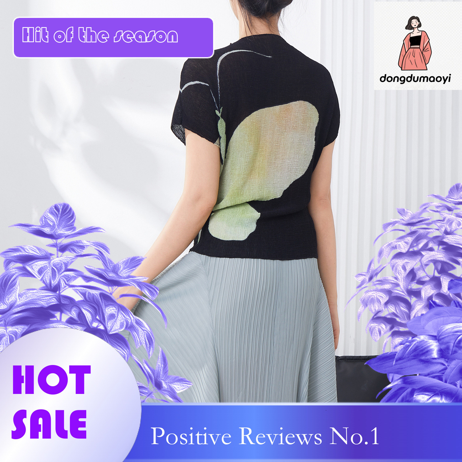 dongdumaoyi Nanyou women's clothing design sense printed short sleeved T-shirt new versatile summer round neck high-end feeling slimming pleated 
