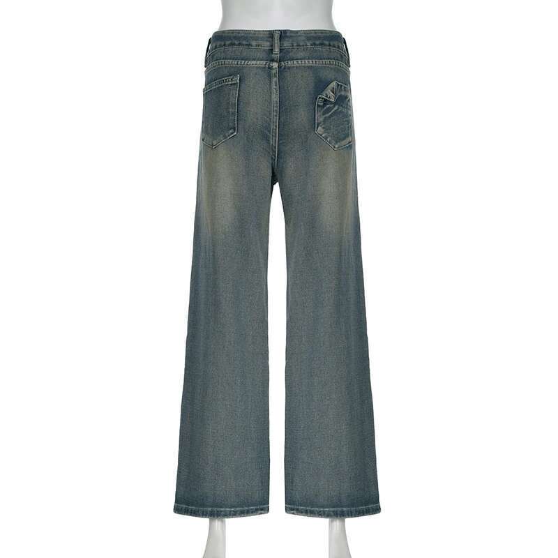 Vintage Washed Loose Fit Jeans Casual Denim Pants For Women Streetwear Pockets Straight Trousers Summer Bottom Clothing