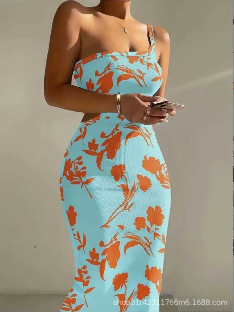 Print One Shoulder Spaghetti Strap Dresses Women Sexy Hollow Out Backless Package Hip Bodycon Dress Fashion Trendy Lady DressesXJ250514