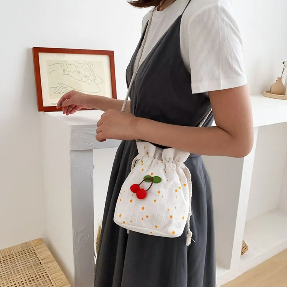 Korean Cute Canvas Cherry Bucket Bag for Women Summer Simple Casual Small Crossbody Female Fashion Shoulder Bags 250514