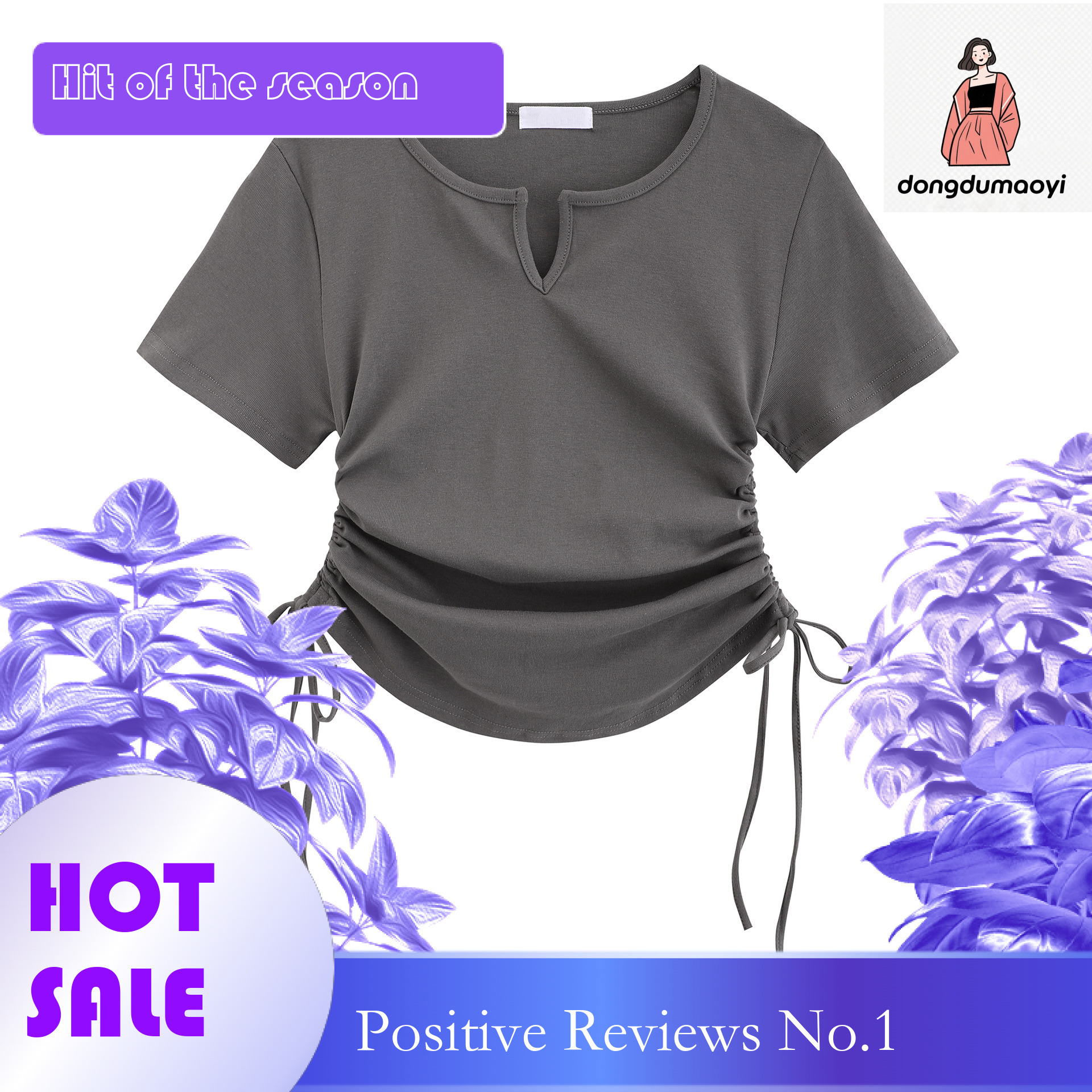 dongdumaoyi Solid color cut slimming V-neck short sleeved T-shirt for women's clothing 2025 new Korean version design sense niche spicy girl shou