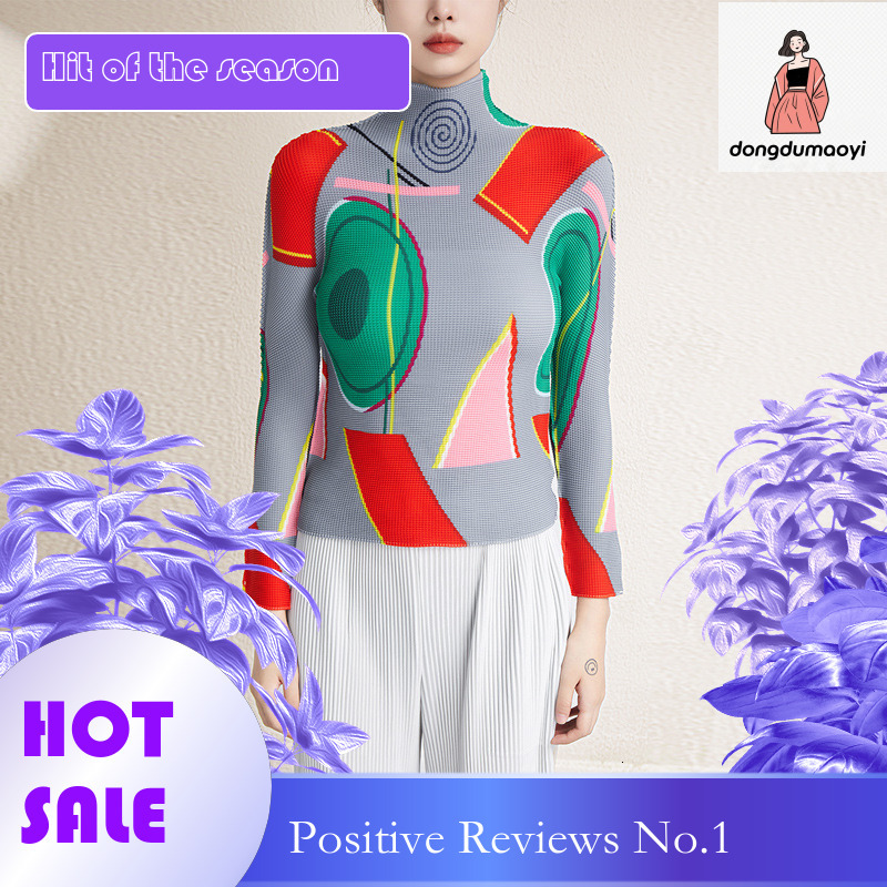 dongdumaoyi Miyake Half High Neck T-shirt for Women 2024 Spring and Autumn New Style Large Fold Casual Interior Top Long Sleeve Bottom Shirt