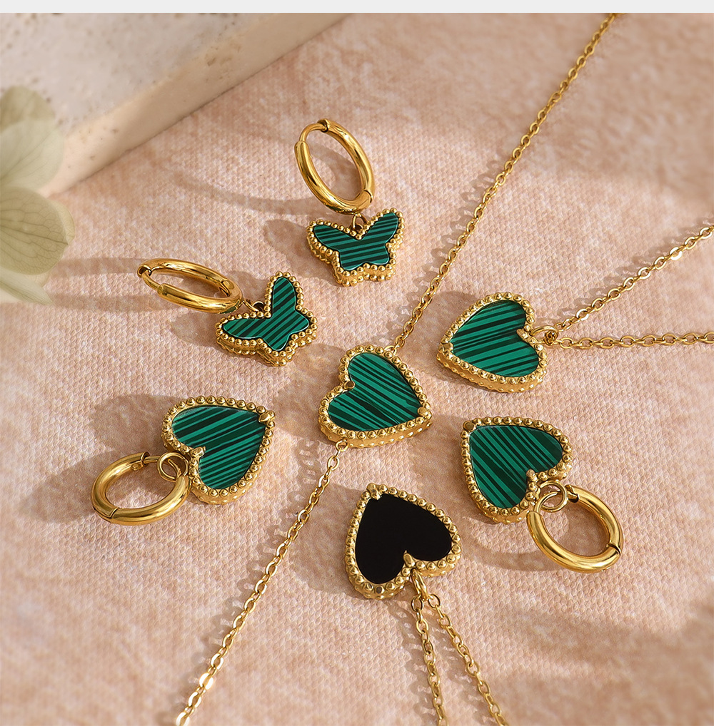 Minimalist Double-Sided Heart Necklace Set with Green Malachite, French Vintage Style, 18K Gold Plated Titanium Steel Jewelry for Women