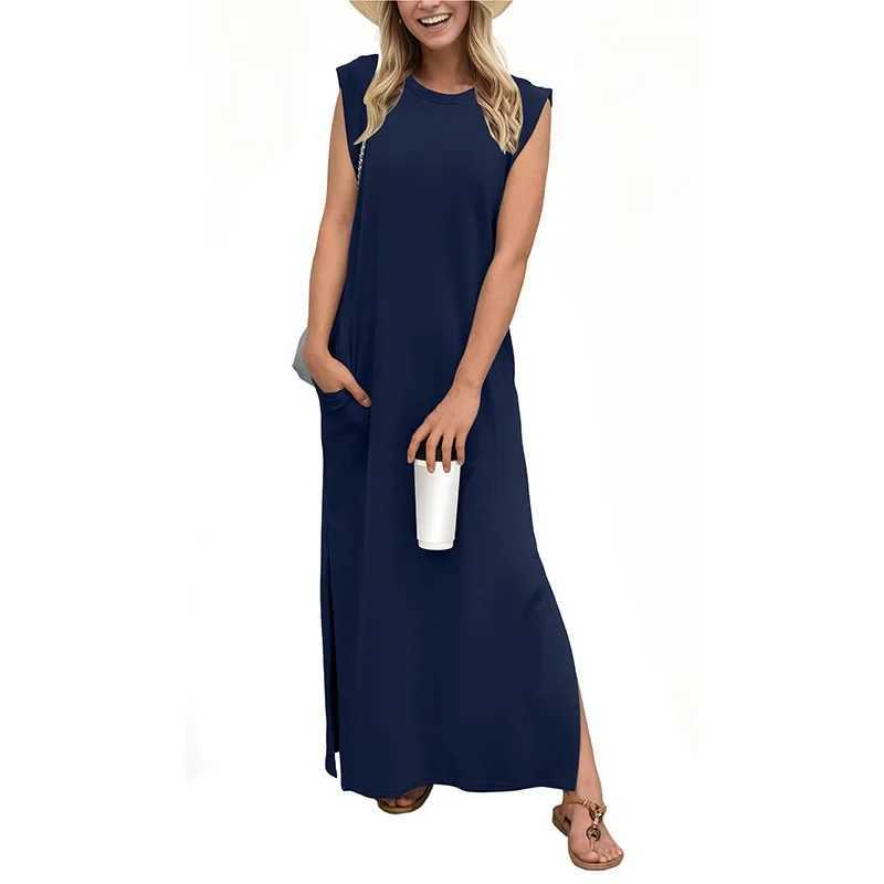 Summer New Loose Long Pocket Hem Split Dress Womens Cross-Border Fashion Sleeveless Dress Origin China Other PatternsXJ250514