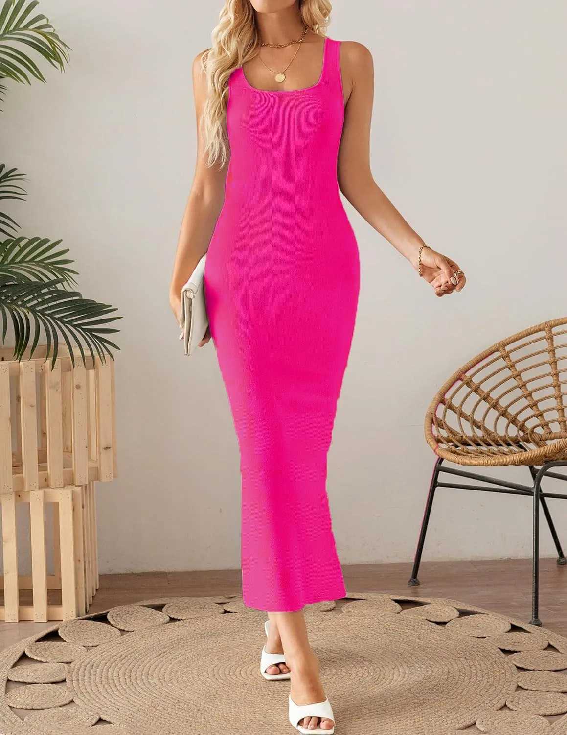 Dresses For Women 2024 Summer Knitted Ribbed Tank Top Sexy Slit Hip Party Evening Midi Dress Formal Vacation Dresses Long DressesXJ250514