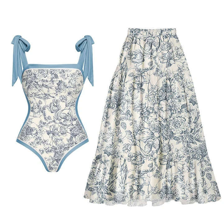 New double-sided European and American one-piece women's conservative vacation swimsuit chiffon printed wrapped skirt set 2025 new casual versati