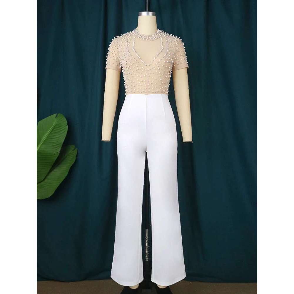 Plus Size Jumpsuits for Women See Through Beading Long Sleeve Beige Black Empire Wide Leg One Piece Outfits Rompers