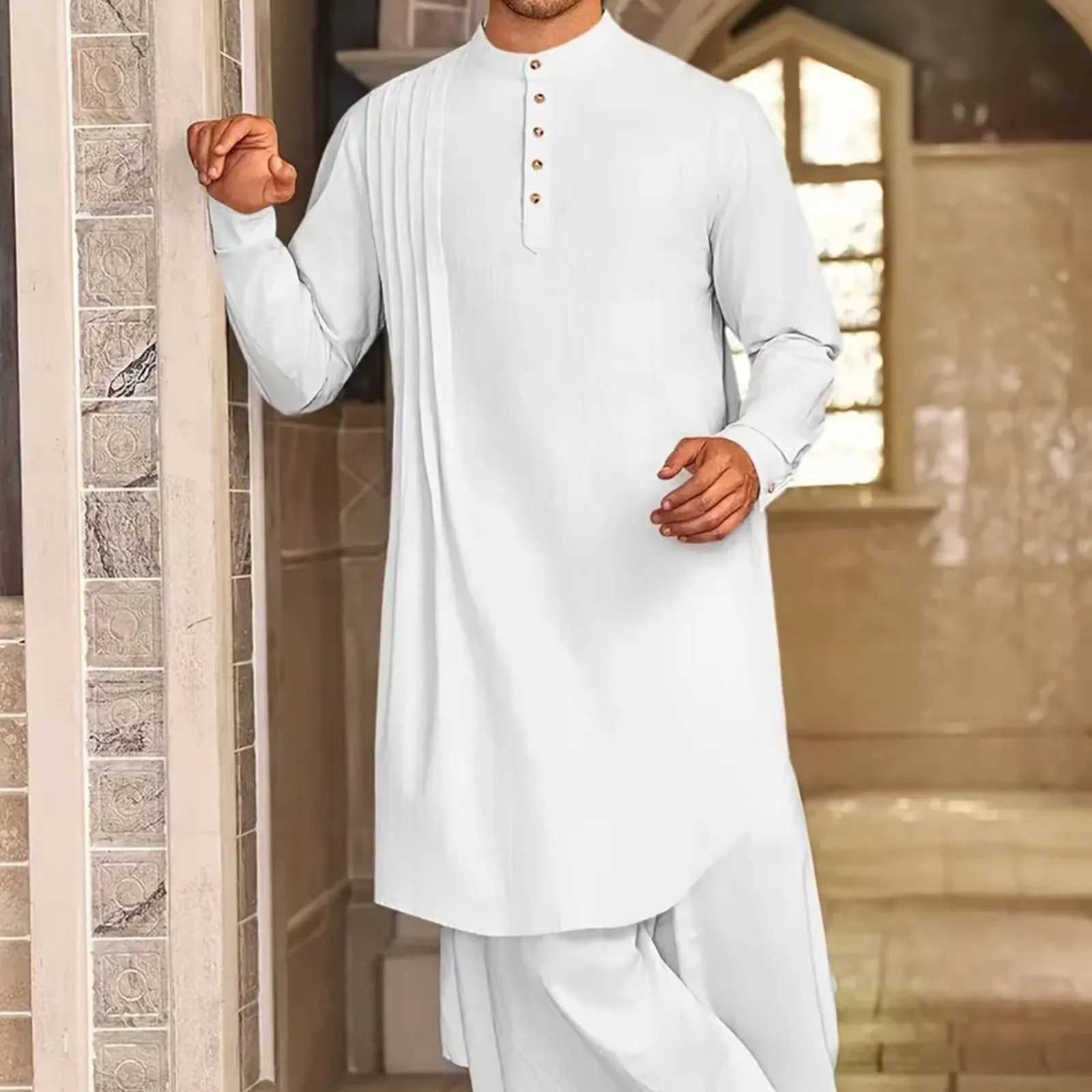 MenS Buttoned Cotton Linen Shirt Muslim Robe Kurtas For Men Muslim Shirt Stand Collar Long Sleeve Islamic Arab Kaftan Punjabi X250514