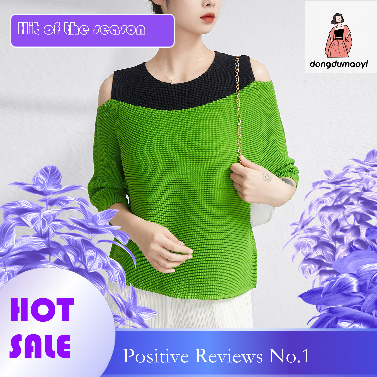 dongdumaoyi Miyake's new round neck patchwork color off shoulder knit shirt short sleeved Korean versatile pleated slimming pullover top for wome